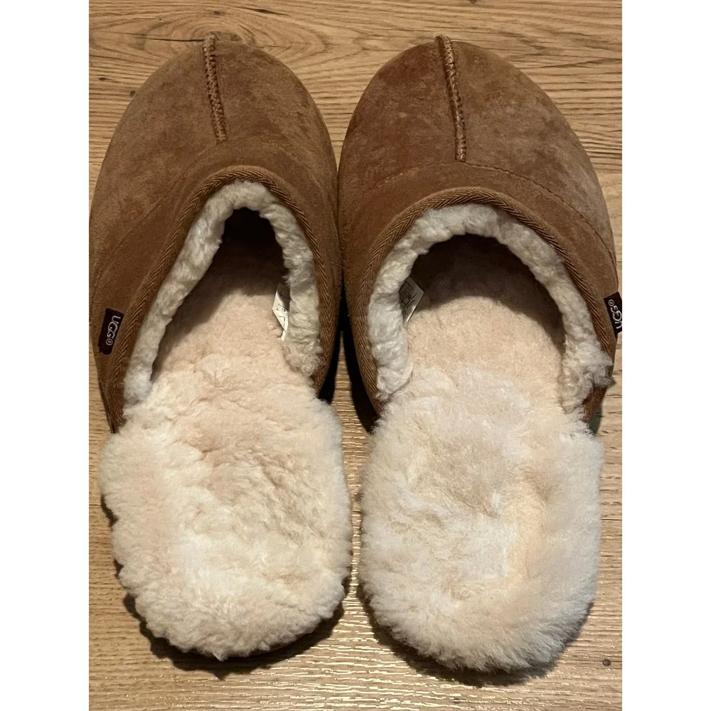 UGG Scuff Slipper Mens 12 Brown Suede Sheepskin Lining House Shoes Slip On Warm